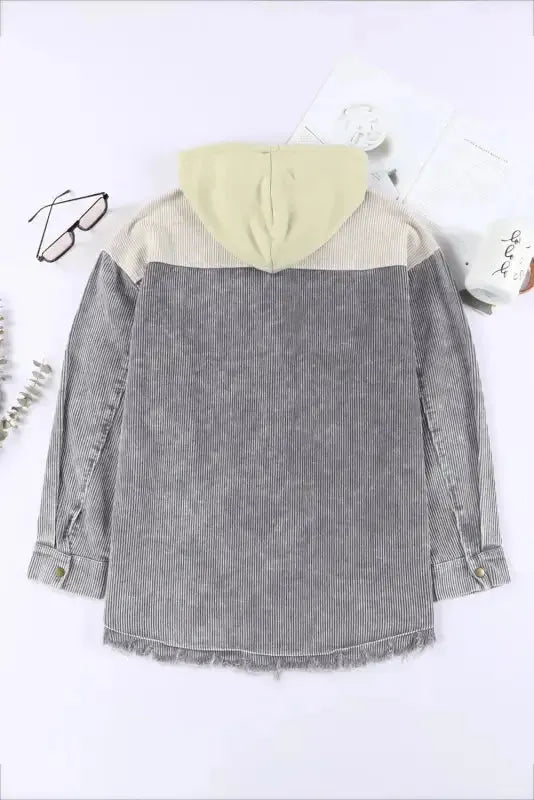 Green color block button down hooded corduroy jacket - jackets