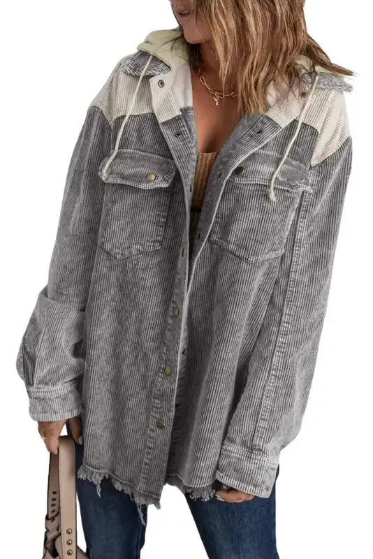 Green color block button down hooded corduroy jacket - jackets