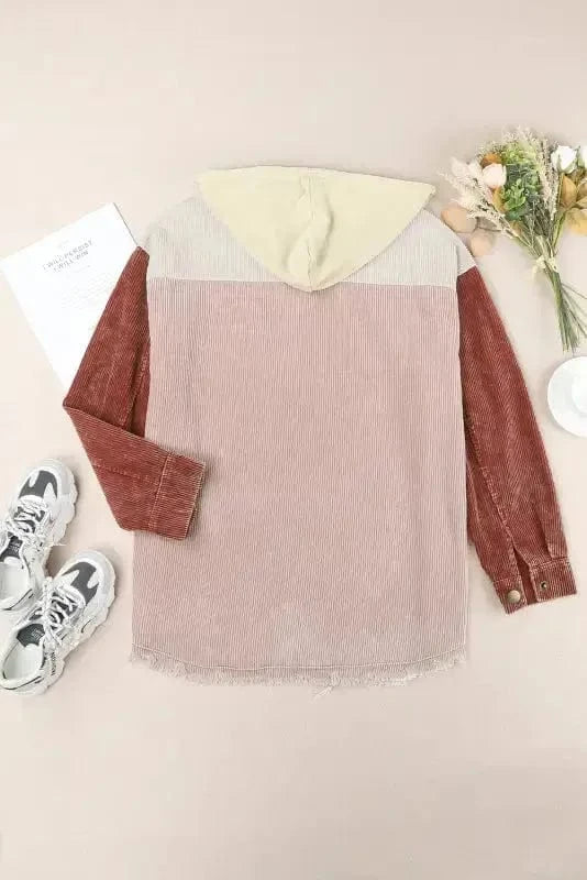 Green Color Block Button Down Hooded Corduroy Jacket - Fashionfitz