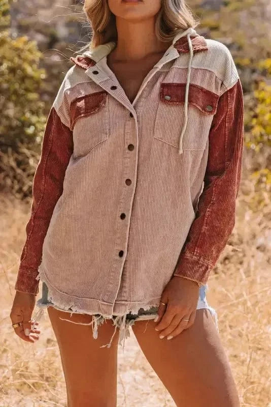 Green Color Block Button Down Hooded Corduroy Jacket - Fashionfitz