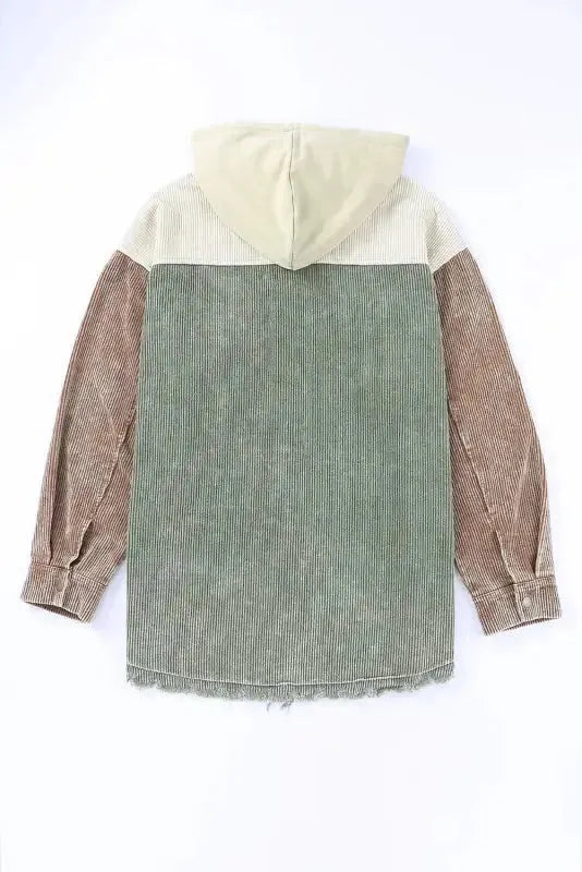 Green color block button down hooded corduroy jacket - jackets