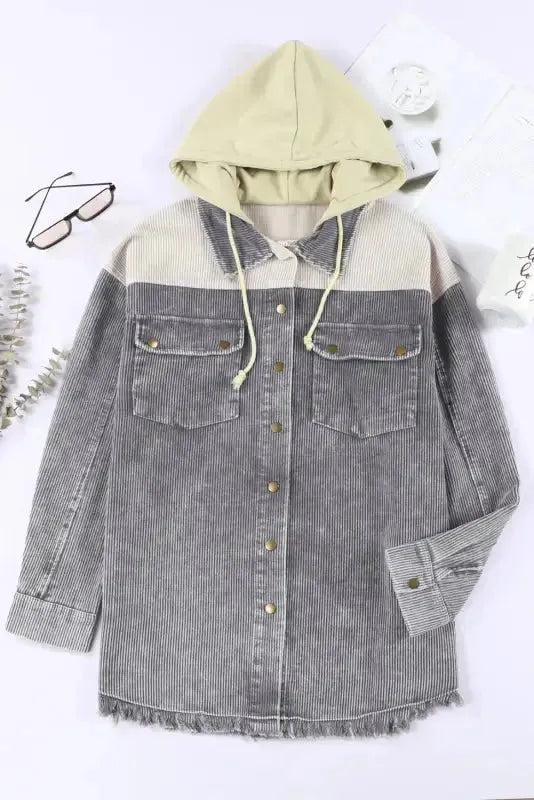 Green color block button down hooded corduroy jacket - jackets