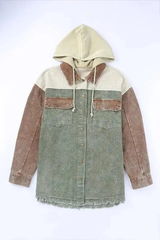 Green color block button down hooded corduroy jacket - jackets