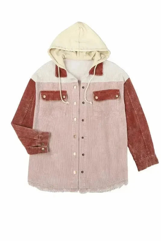 Green Color Block Button Down Hooded Corduroy Jacket - Fashionfitz