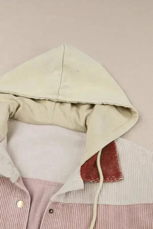 Green Color Block Button Down Hooded Corduroy Jacket - Fashionfitz