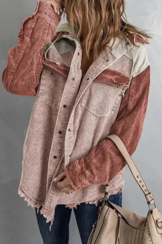 Green color block button down hooded corduroy jacket - jackets