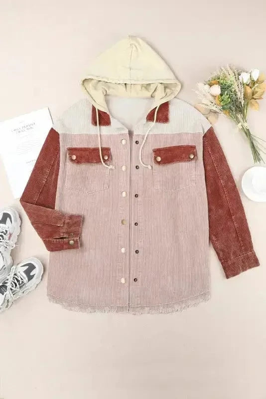 Green Color Block Button Down Hooded Corduroy Jacket - Fashionfitz