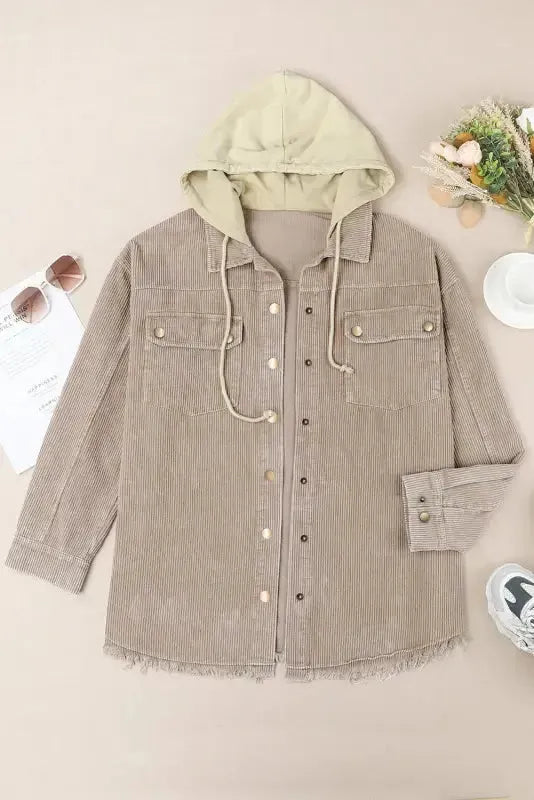 Green color block button down hooded corduroy jacket - jackets