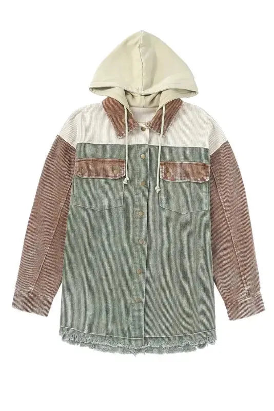 Green color block button down hooded corduroy jacket - jackets