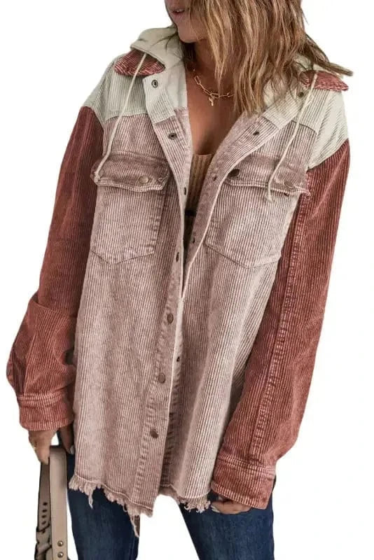 Green Color Block Button Down Hooded Corduroy Jacket - Fashionfitz