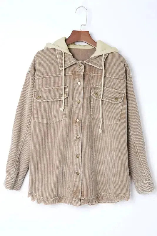 Green color block button down hooded corduroy jacket - jackets