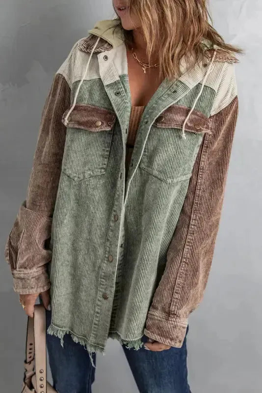 Green color block button down hooded corduroy jacket - s / 100% polyester - jackets