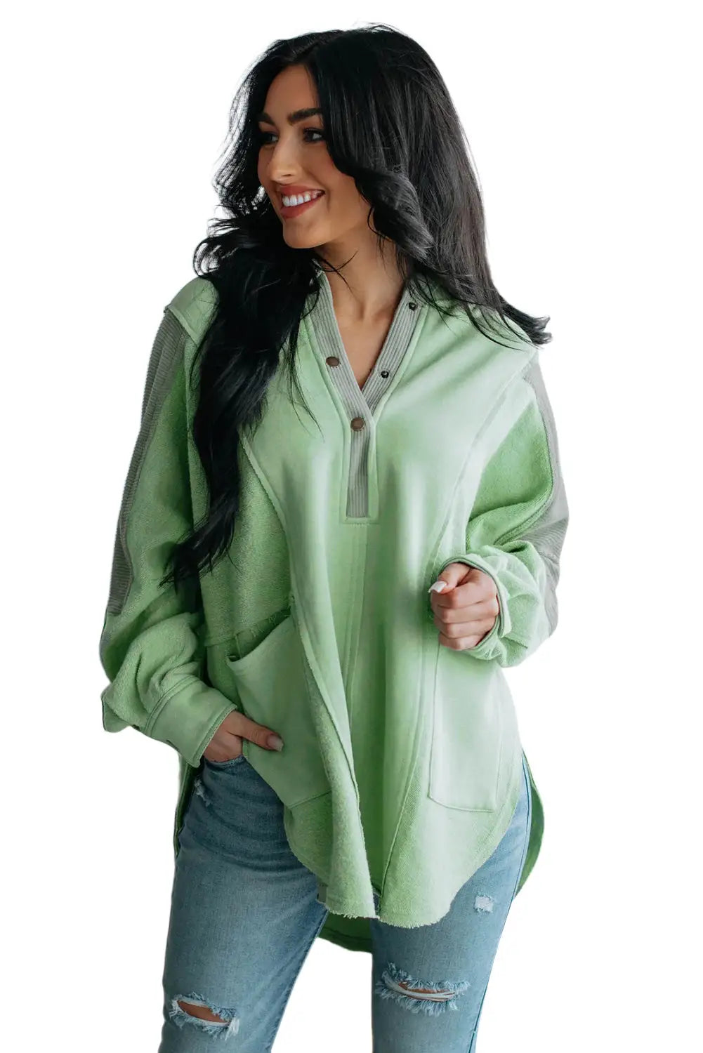 Green color block exposed seam buttoned neckline hoodie - sweatshirts & hoodies