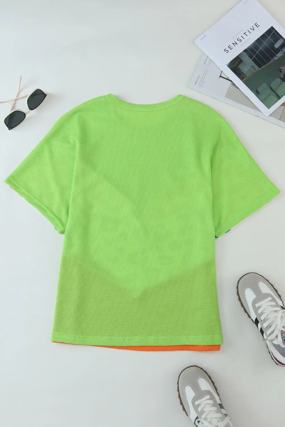 Green color block leopard waffle knit patchwork t-shirt - t-shirts