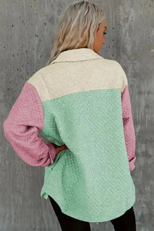 Green Color Block Patchwork Flap Pocket Quilted Overshirt Shacket - Fashionfitz