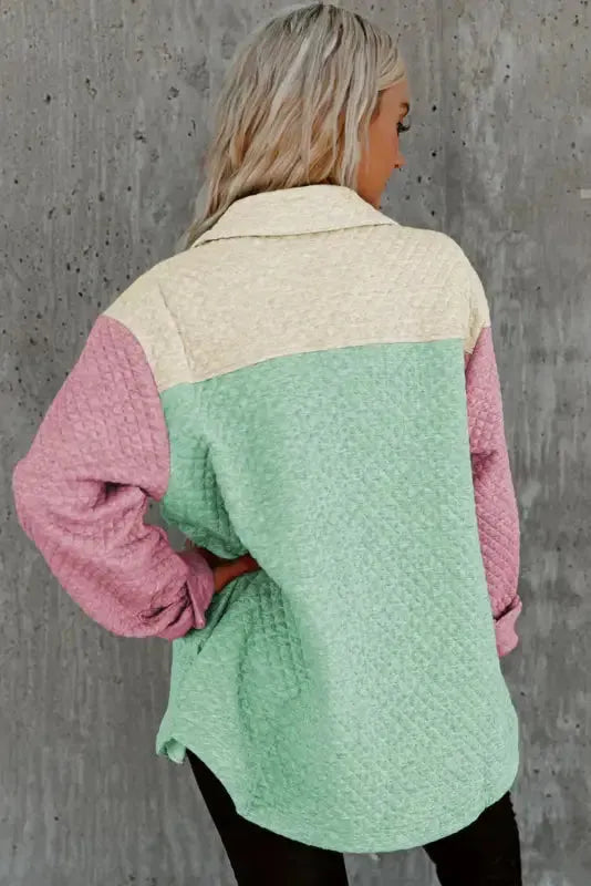 Green Color Block Patchwork Flap Pocket Quilted Shacket - Fashionfitz