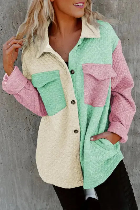 Green Color Block Patchwork Flap Pocket Quilted Shacket - Fashionfitz