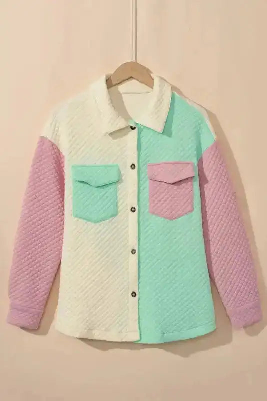 Green Color Block Patchwork Flap Pocket Quilted Shacket - Fashionfitz