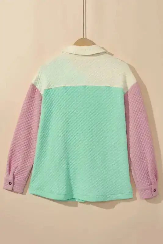 Green Color Block Patchwork Flap Pocket Quilted Shacket - Fashionfitz