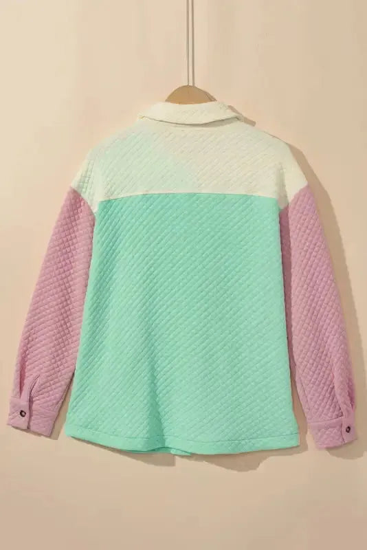 Green Color Block Patchwork Flap Pocket Quilted Shacket - Fashionfitz