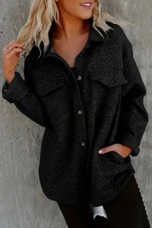 Green Color Block Patchwork Flap Pocket Quilted Shacket - Fashionfitz