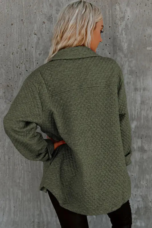 Green color block patchwork flap pocket quilted shacket