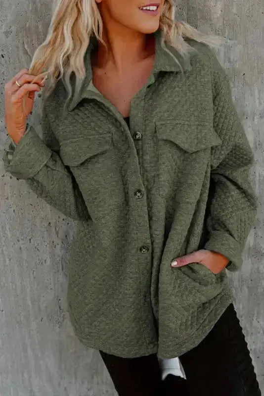Green Color Block Patchwork Flap Pocket Quilted Shacket - Fashionfitz