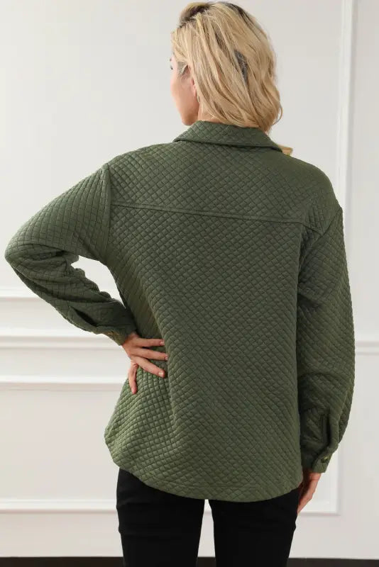 Green color block patchwork flap pocket quilted shacket