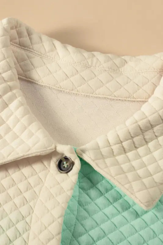 Green color block patchwork flap pocket quilted shacket