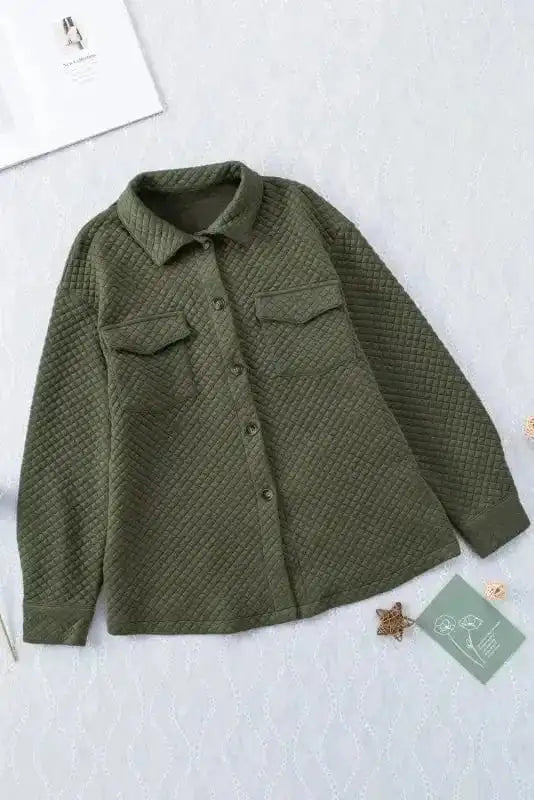 Green Color Block Patchwork Flap Pocket Quilted Shacket - Fashionfitz