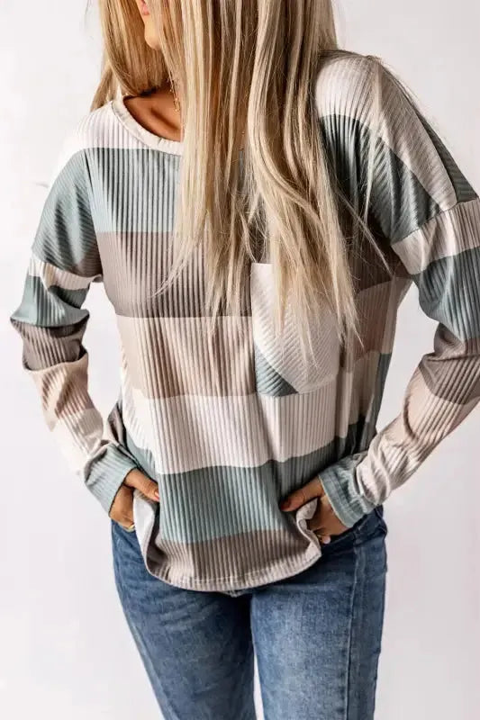 Back view of green ribbed color block pocket long sleeve top Fashionfitz UK