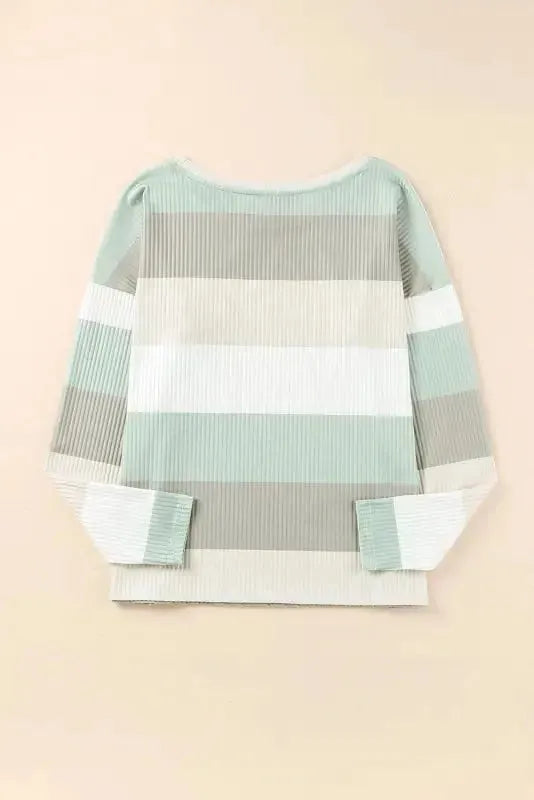 Green Color Block Ribbed Long Sleeve Top with Pocket - Fashionfitz