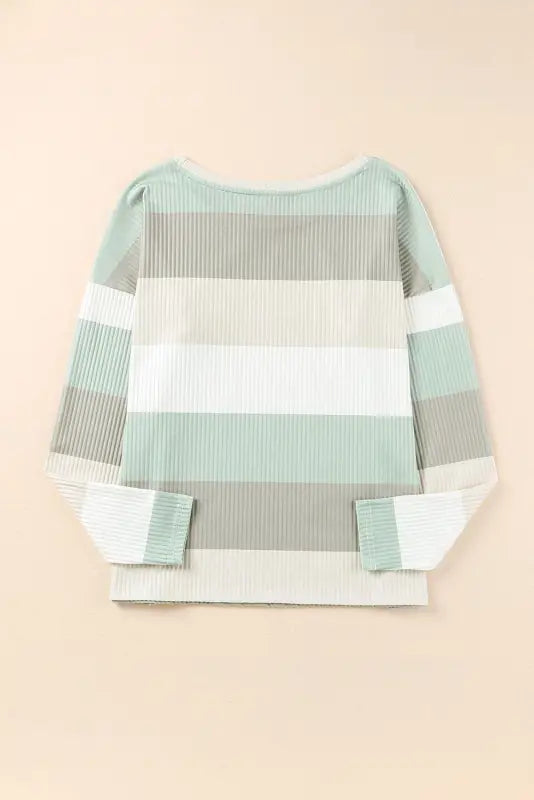 Green color block ribbed long sleeve top with pocket - tops