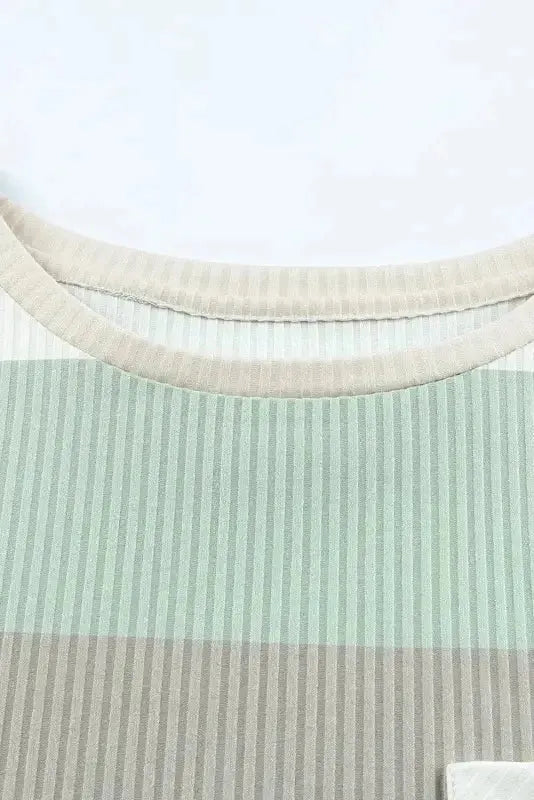 Green Color Block Ribbed Long Sleeve Top with Pocket - Fashionfitz