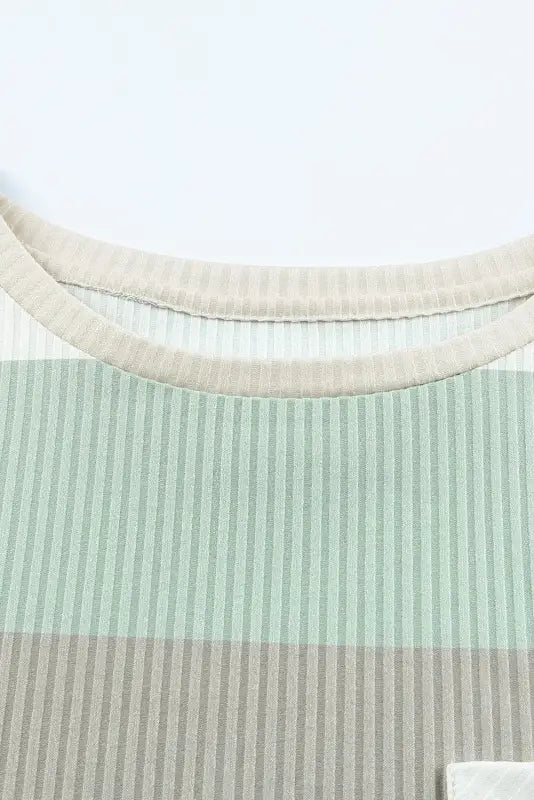 Green color block ribbed long sleeve top with pocket - tops