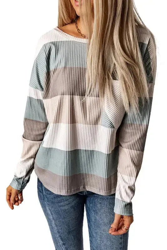Green Color Block Ribbed Long Sleeve Top with Pocket - Fashionfitz