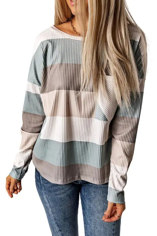 Green color block ribbed long sleeve top with pocket - tops