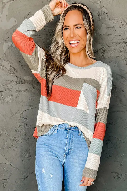 Green color block ribbed long sleeve top with pocket - tops