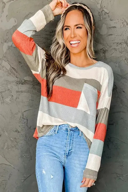 Green Color Block Ribbed Long Sleeve Top with Pocket - Fashionfitz