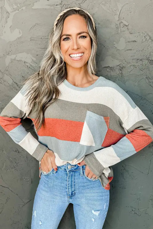 Green color block ribbed long sleeve top with pocket - tops