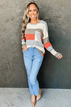 Green Color Block Ribbed Long Sleeve Top with Pocket - Fashionfitz