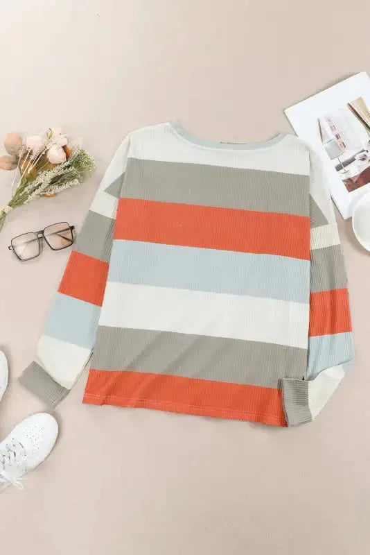 Green Color Block Ribbed Long Sleeve Top with Pocket - Fashionfitz