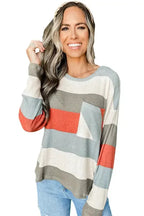 Green Color Block Ribbed Long Sleeve Top with Pocket - Fashionfitz