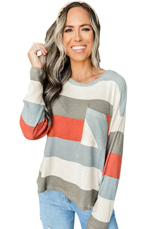 Green color block ribbed long sleeve top with pocket - tops