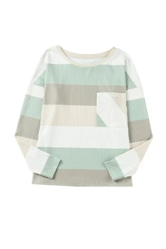 Green color block ribbed long sleeve top with pocket - tops