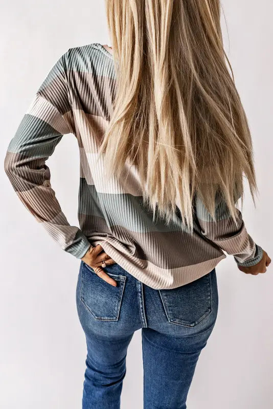 Green color block ribbed long sleeve top with pocket - tops