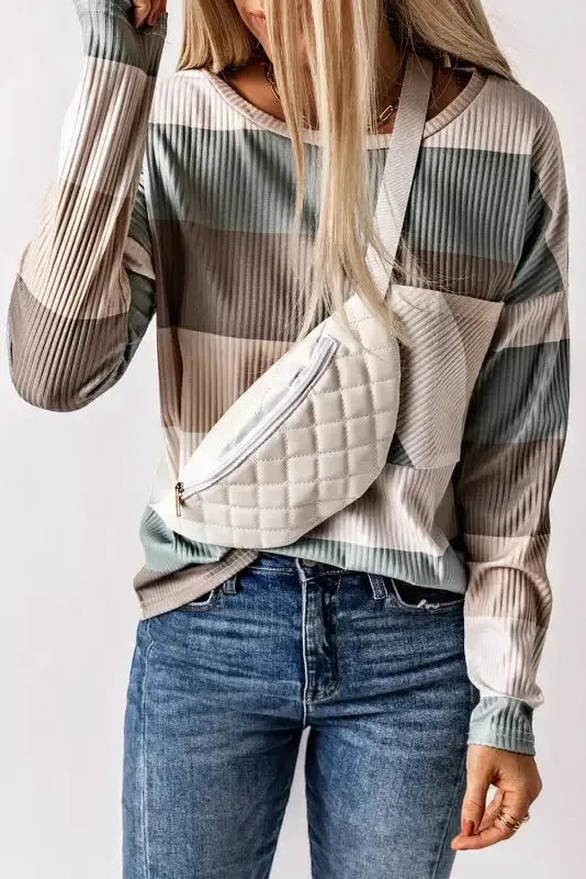 Close-up of color block panel and functional chest pocket on ribbed knit top Fashionfitz UK