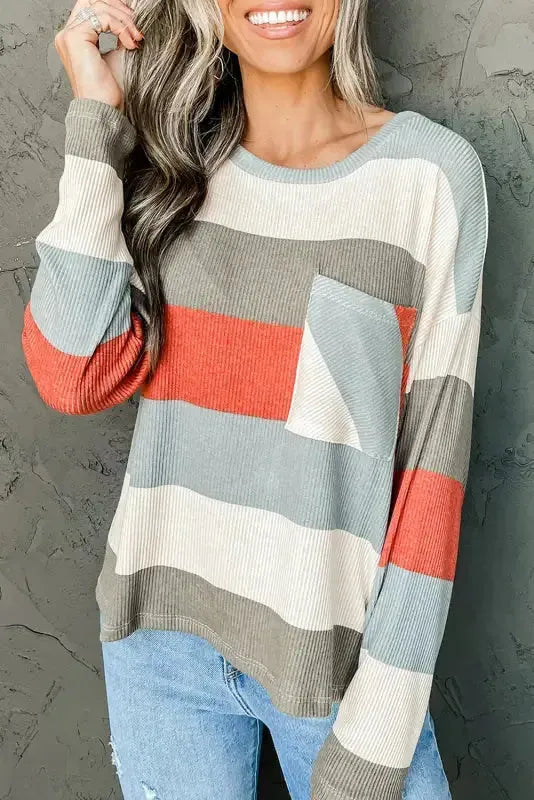 Green Color Block Ribbed Long Sleeve Top with Pocket - Fashionfitz
