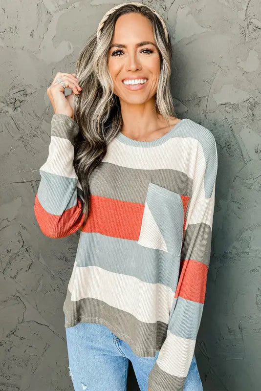 Green color block ribbed long sleeve top with pocket - tops