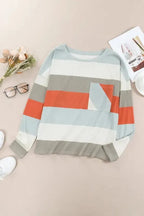 Green Color Block Ribbed Long Sleeve Top with Pocket - Fashionfitz